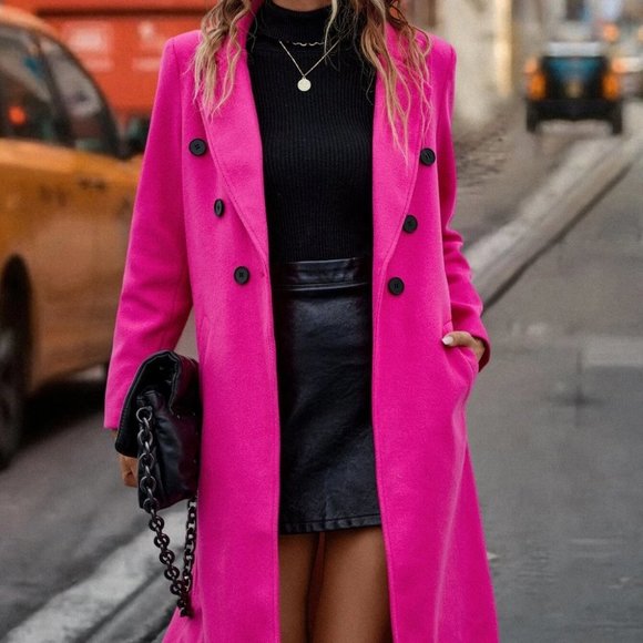 Hot Pink Lapel Neck Double Breasted Overcoat Jacket - Picture 5 of 5